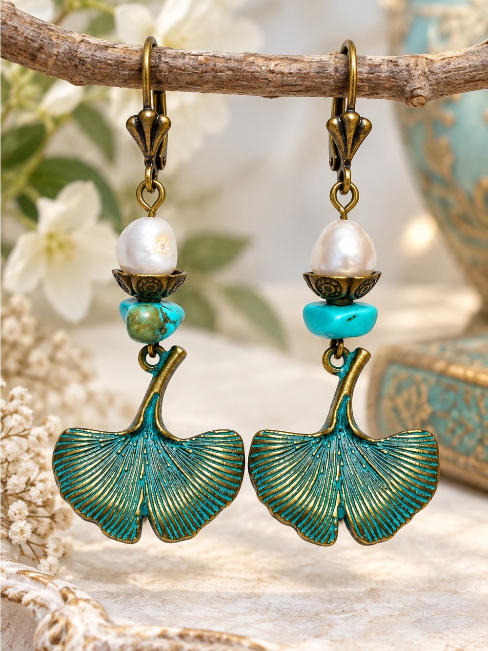 Freshwater Pearl & Turquoise Ginkgo Earrings, Bronze Dangles